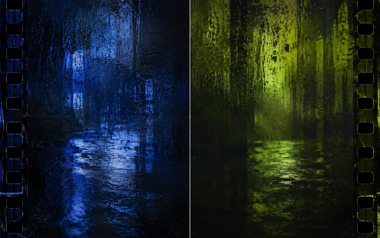 Abstract blue and acid-lime film frames divided by a pale vertical line.